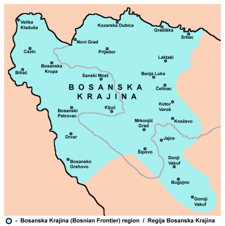 Mapa Bosanske Krajine sa označenim gradovima i regijama.