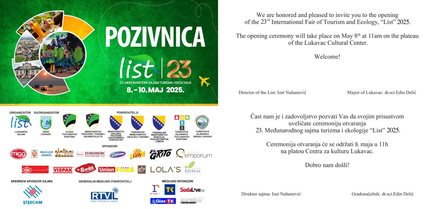 Pozivnica za 23. Međunarodni sajam turizma i ekologije "LIST" u Lukavcu, 8–10. maj 2025, uz partnere, pokrovitelje i sponzore