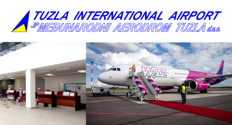 Tuzla International Airport – Wizz Air avion i check-in zona terminala.