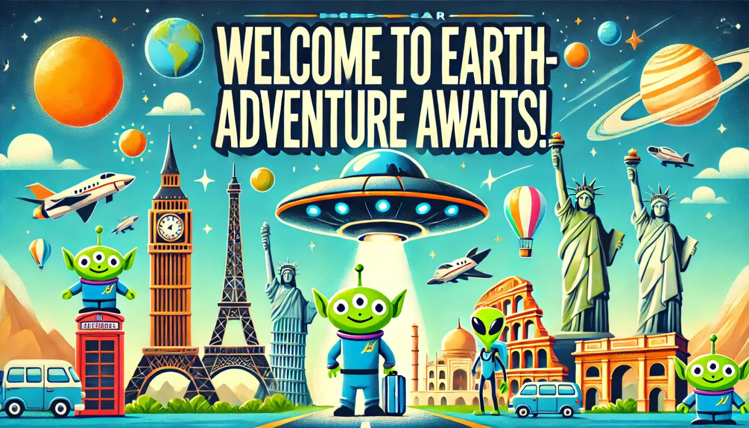 Welcome to Earth - Adventure Awaits! Alien Travel Offer with Iconic Landmarks and Friendly Alien Mascot