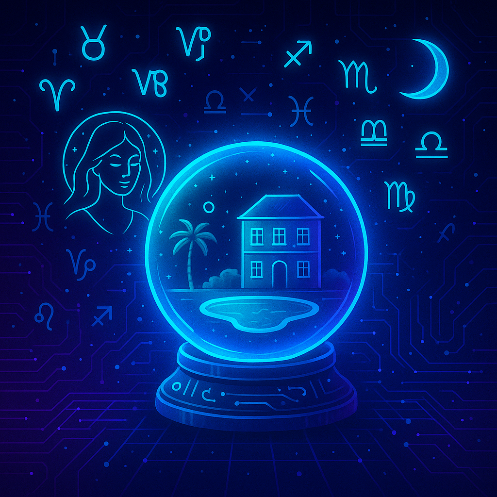 Digitalna ilustracija astro vodiča za luksuzna putovanja u maju sa magičnom kuglom i horoskopskim simbolima