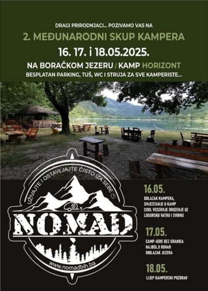 Plakat za 2. Međunarodni skup kampera NOMAD na Boračkom jezeru, maj 2025.