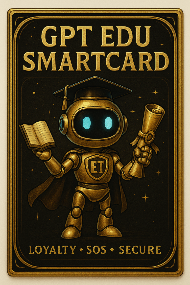 Zlatna edukativna kartica GPT Edu Smartcard sa diplomiranim avatarom i simbolima sigurnosti