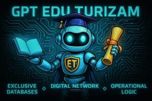 GPT Edu Turizam AI robot s knjigom i diplomom