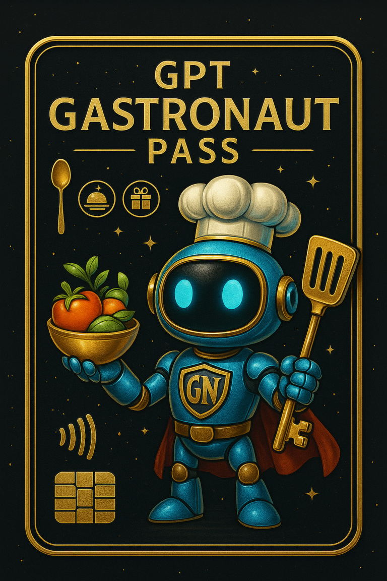 GPT Gastronaut Pass sa kuvarskim avatarom, zlatnim elementima i simbolima gastronomije