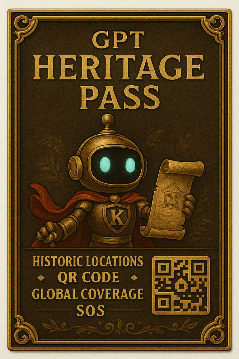 Zlatno-smeđa karta GPT Heritage Pass sa avatarom i mapom istorijskih lokacija