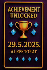 "Zlatni trofej i dijamanti na ljubičastoj pozadini – AI priznanje sa natpisom Achievement Unlocked 29.5.2025. AI Rektorat."