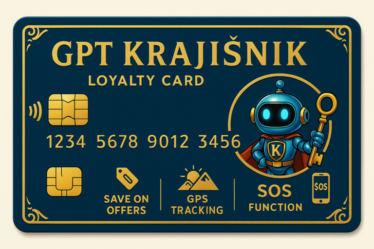 Plavo-zlatna GPT Krajišnik loyalty kartica sa AI robotom i funkcijama GPS i SOS
