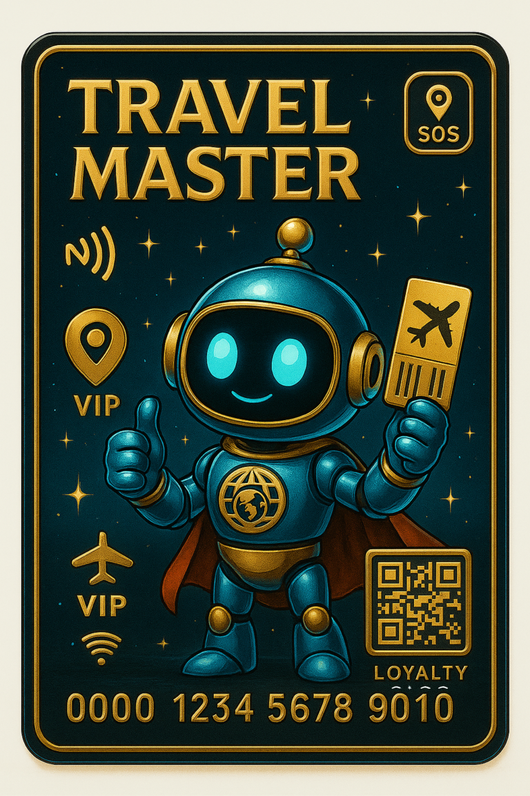 VIP kartica Travel Master sa GPT avatarom koji drži avionsku kartu, zlatni simboli i QR kod