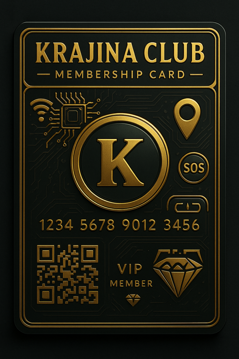 Crna zlatna Krajina Club VIP kartica sa QR kodom, SOS funkcijom, GPS lokatorom i luksuznim dizajnom
