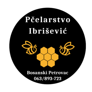 Logotip Pčelarstva Ibrišević iz Bosanskog Petrovca sa dvije pčele i saćem