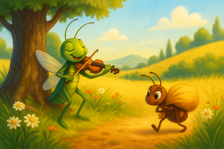 Ilustracija prikazuje vedar ljetni dan na livadi. Cvrčak sa violinom stoji na listu i svira dok se sunce smiješi s neba. Mrav nosi zrno žita i prolazi pored njega s ozbiljnim izrazom lica.