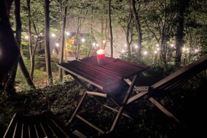 Romantična večer u Glamping Zen kupoli, osvijetljena lampicama u šumi