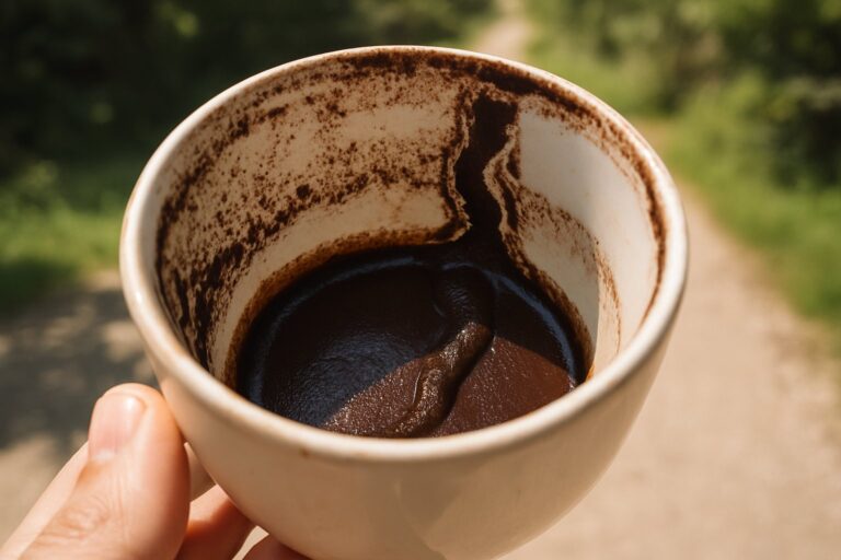 Turska kafa u šoljici, talog formira put koji simbolizuje nove početke i putovanja.