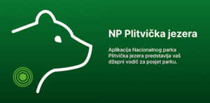 Logo medvjeda i informacija o aplikaciji Nacionalnog parka Plitvička jezera na zelenoj pozadini