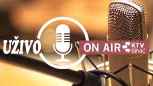 Logo Radio Bihać uživo s mikrofonom i natpisom "On Air"