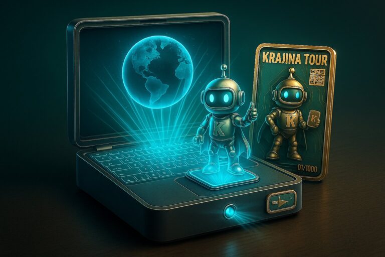 Hologramski prikaz GPT Krajišnik AI asistenta ispred laptopa sa globusom i digitalnom kolekcionarskom karticom Krajina Tour