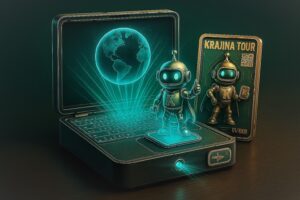 Hologramski digitalni asistent GPT Krajišnik ispred laptopa sa 3D globus projekcijom i Krajina Tour kolekcionarskom karticom