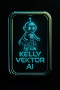 Kelly Vektor AI – Hologramski logo s futurističkim robotom i neonskim natpisom